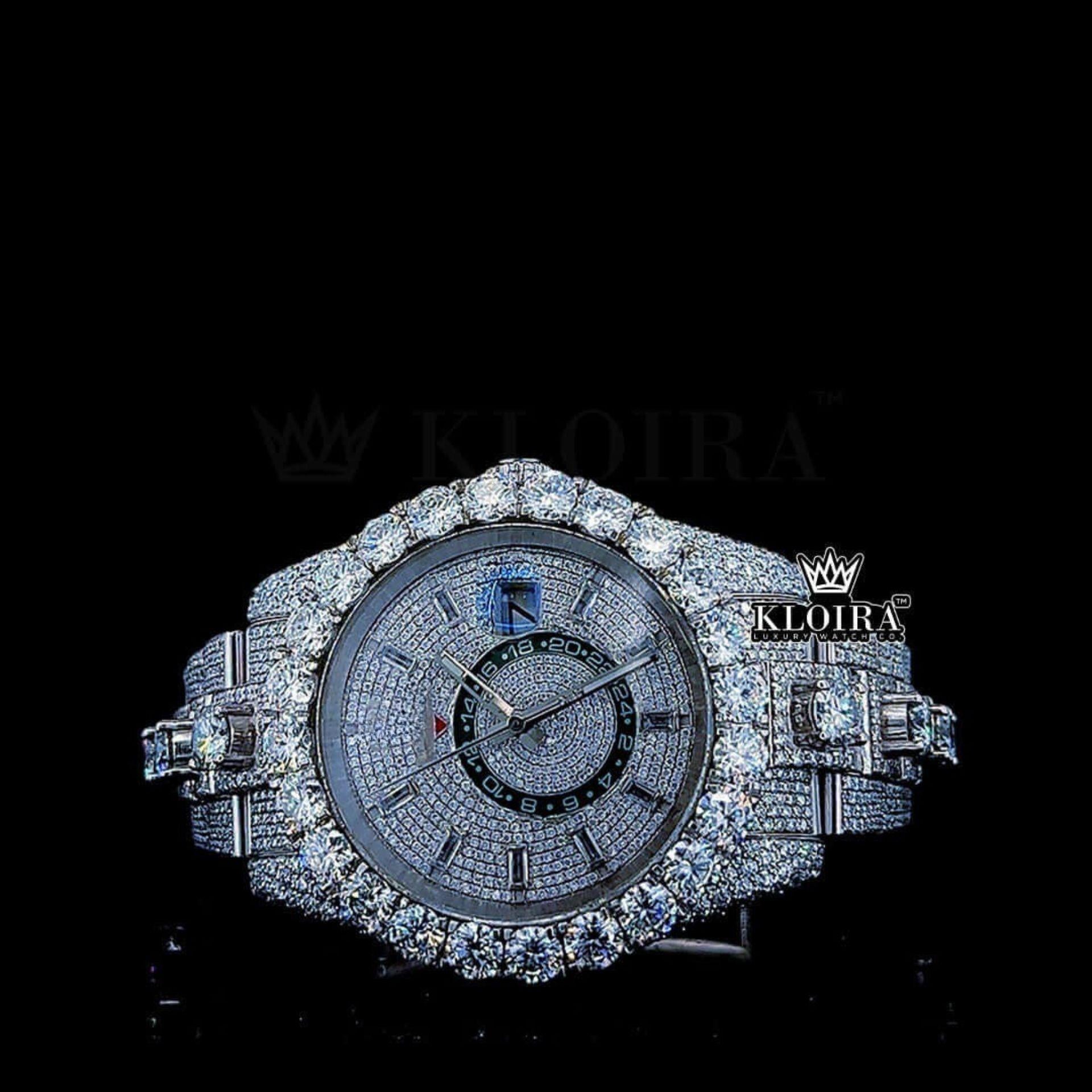 Diamond Bezel Dual Time Stick Markers Dial Fully Iced Out Moissanite Watch Front View