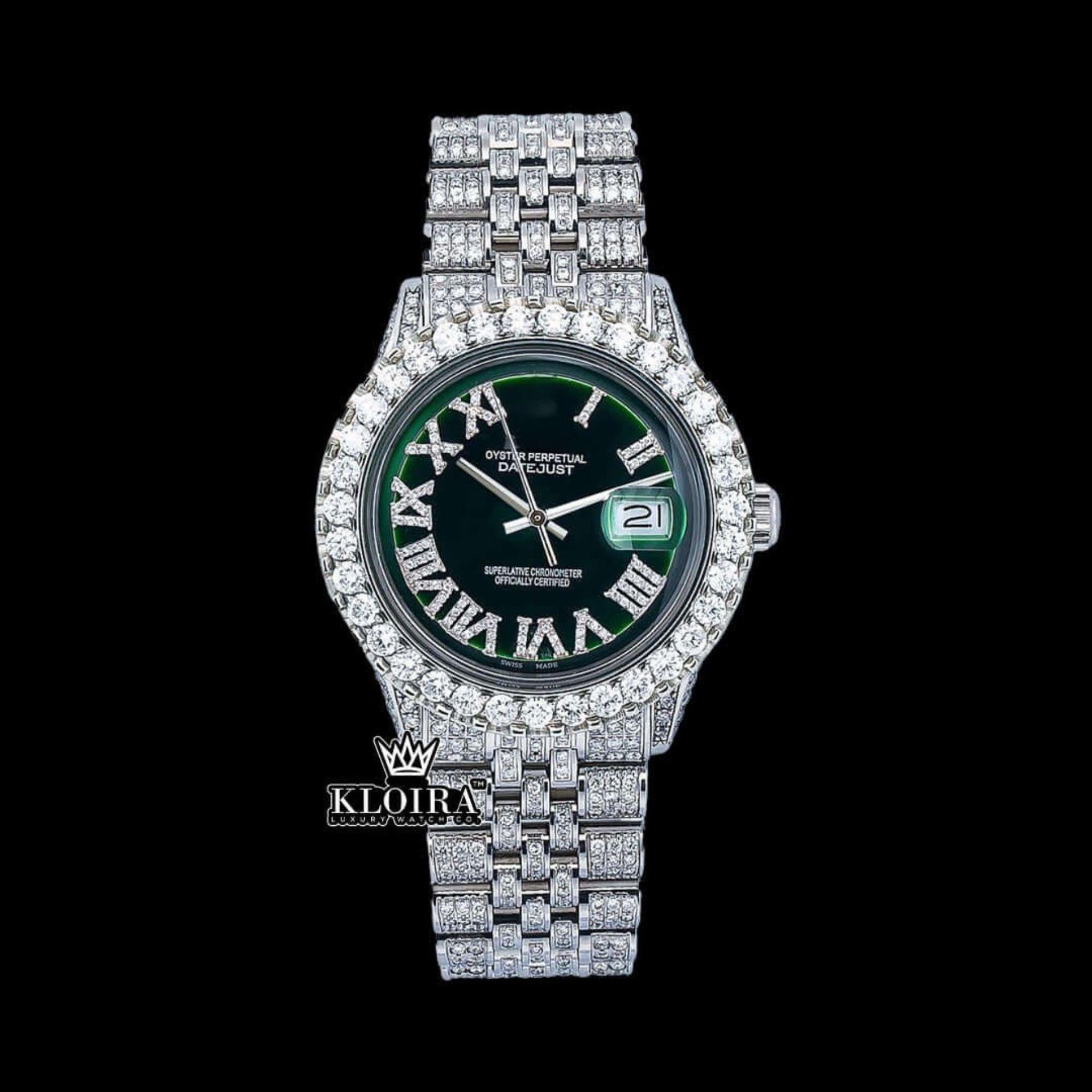 Diamond Bezel Green Roman Dial Full Iced Out Moissanite Watch Front View