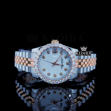 Diamond Bezel Pearl White Dial Two Tone Link Strap Moissanite Watch Front View