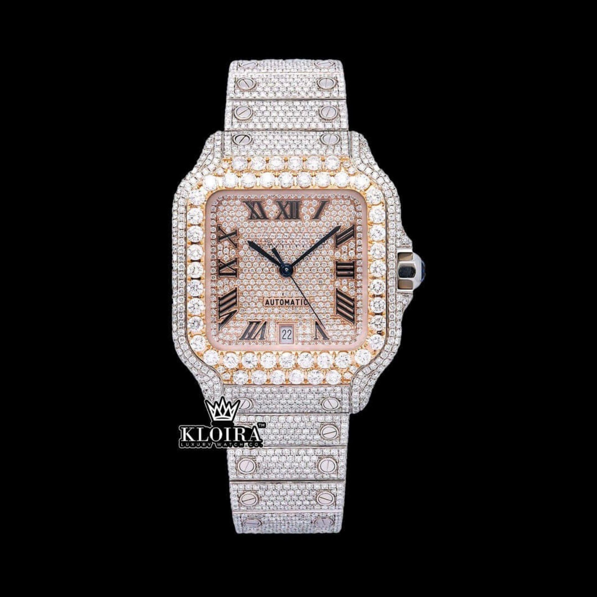 Diamond Bezel Roman Dial Rose Gold Two Tone Moissanite Watch Front View