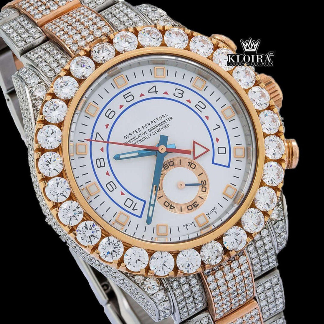 Diamond Bezel White Dial Blue Standard Numerals Two Tone Moissanite Watch Front View