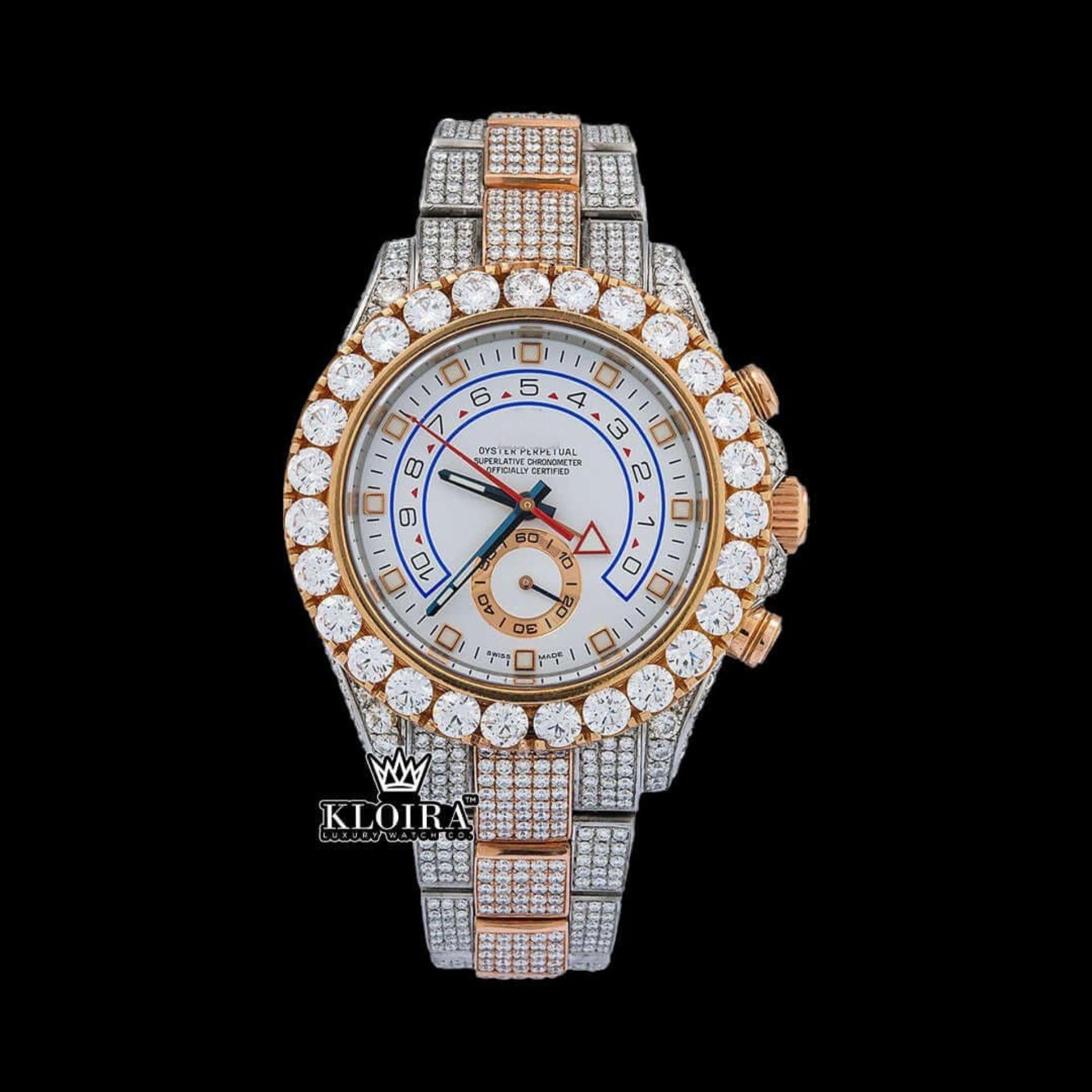 Diamond Bezel White Dial Blue Standard Numerals Two Tone Moissanite Watch Front View