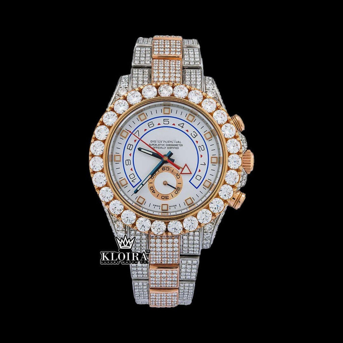 Diamond Bezel White Dial Blue Standard Numerals Two Tone Moissanite Watch Front View