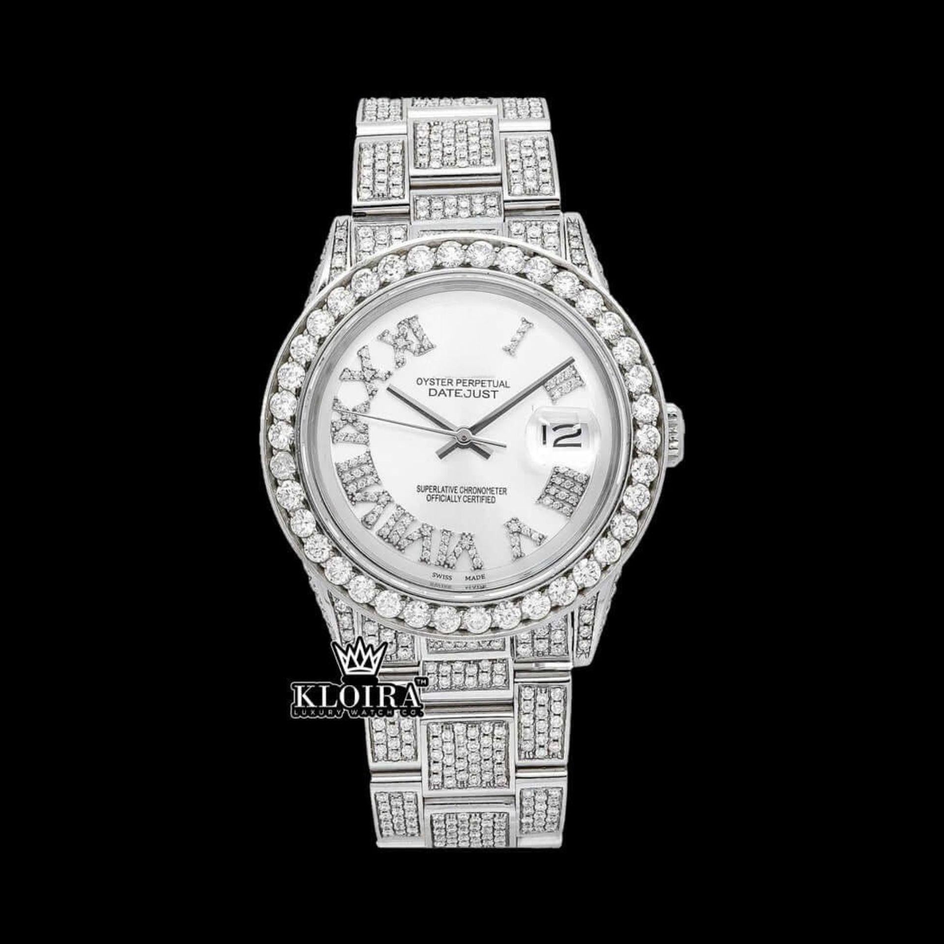 Diamond Bezel White Roman Dial Fully Iced Out Moissanite Watch Front View