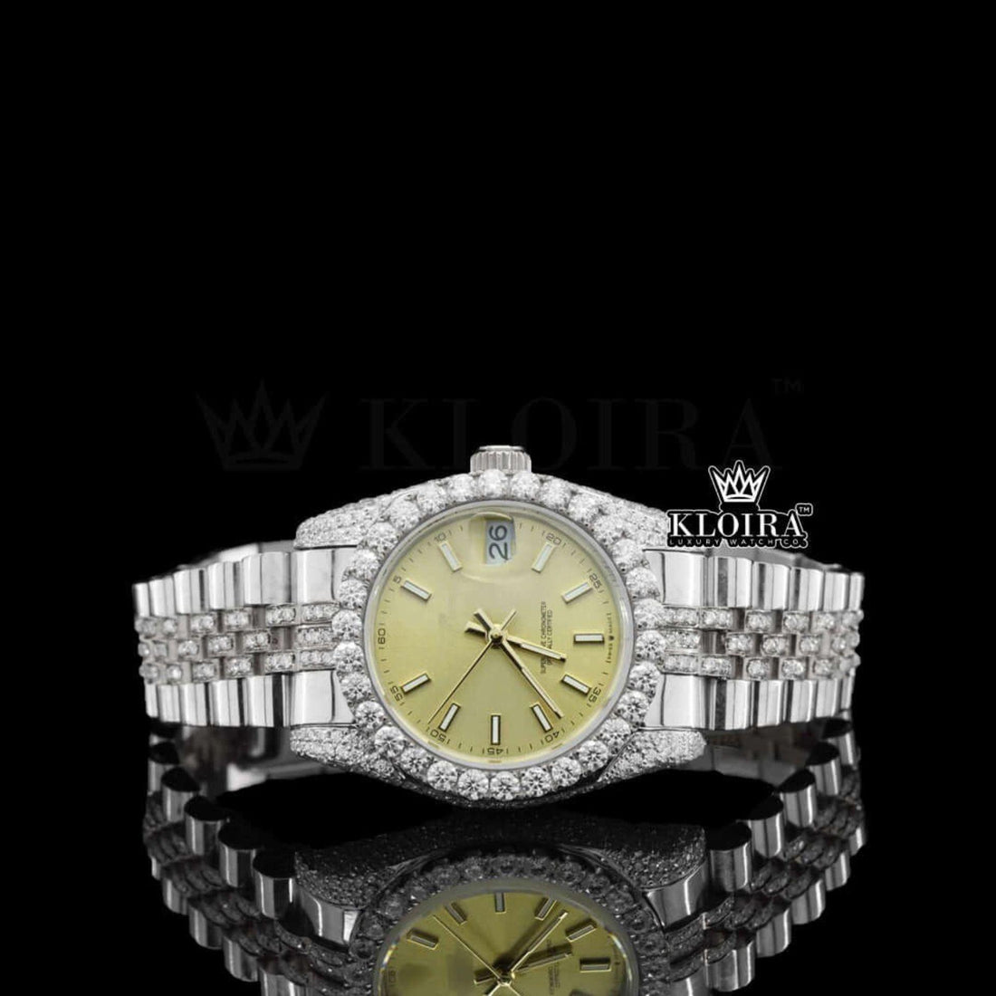 Diamond Bezel Yellow Dial Stick Markers Fully Iced Out Moissanite Watch Front View