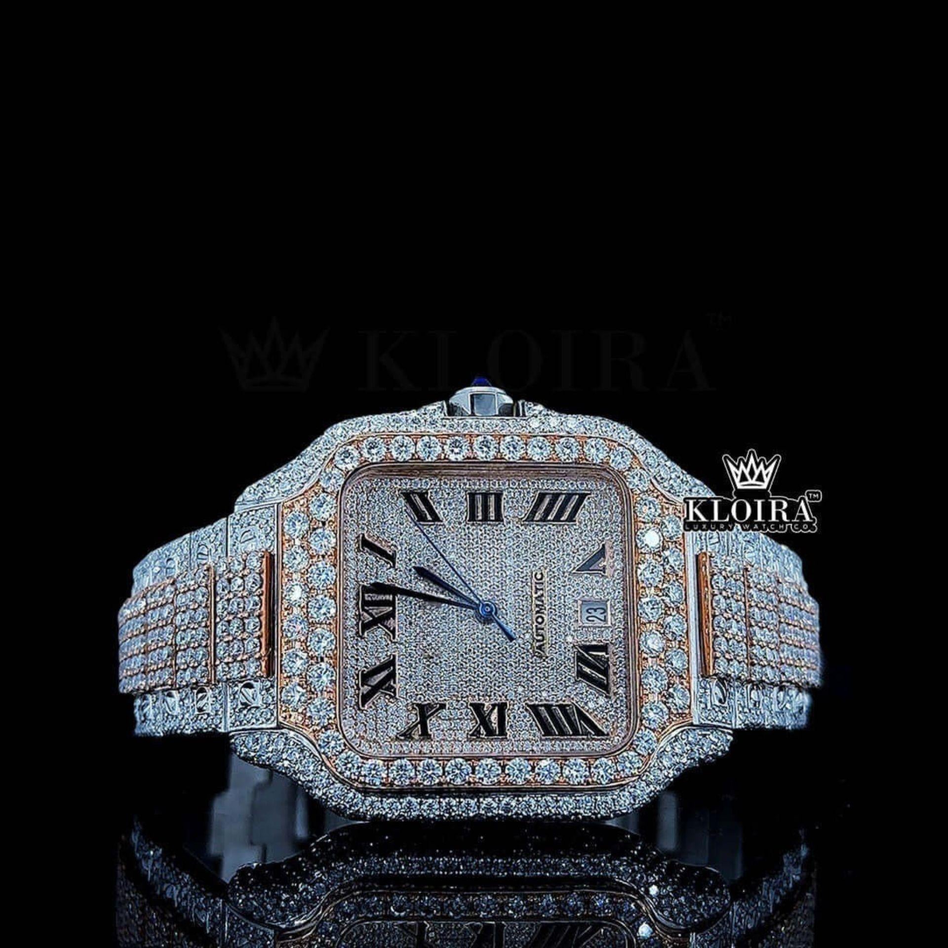Diamond Block Link Strap Roman Dial Two Tone Moissanite Watch Front View