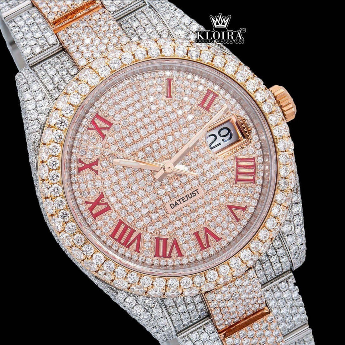 Diamond Datejust Rose Gold Red Roman Dial Moissanite Watch 42mm Front View