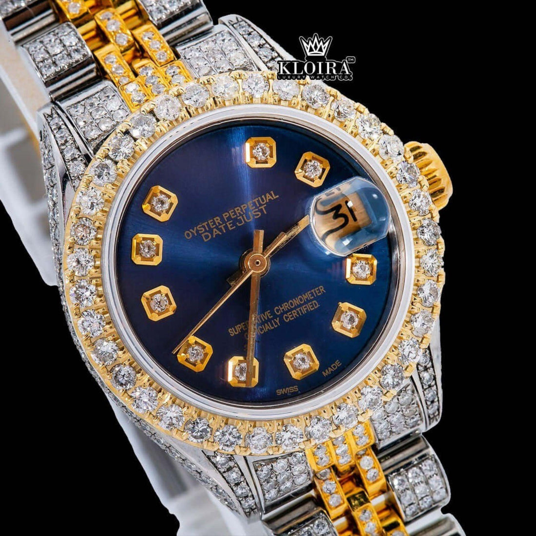 Diamond Marker Blue Dial Two Tone Iced Out Moissanite Diamond Watch Front View