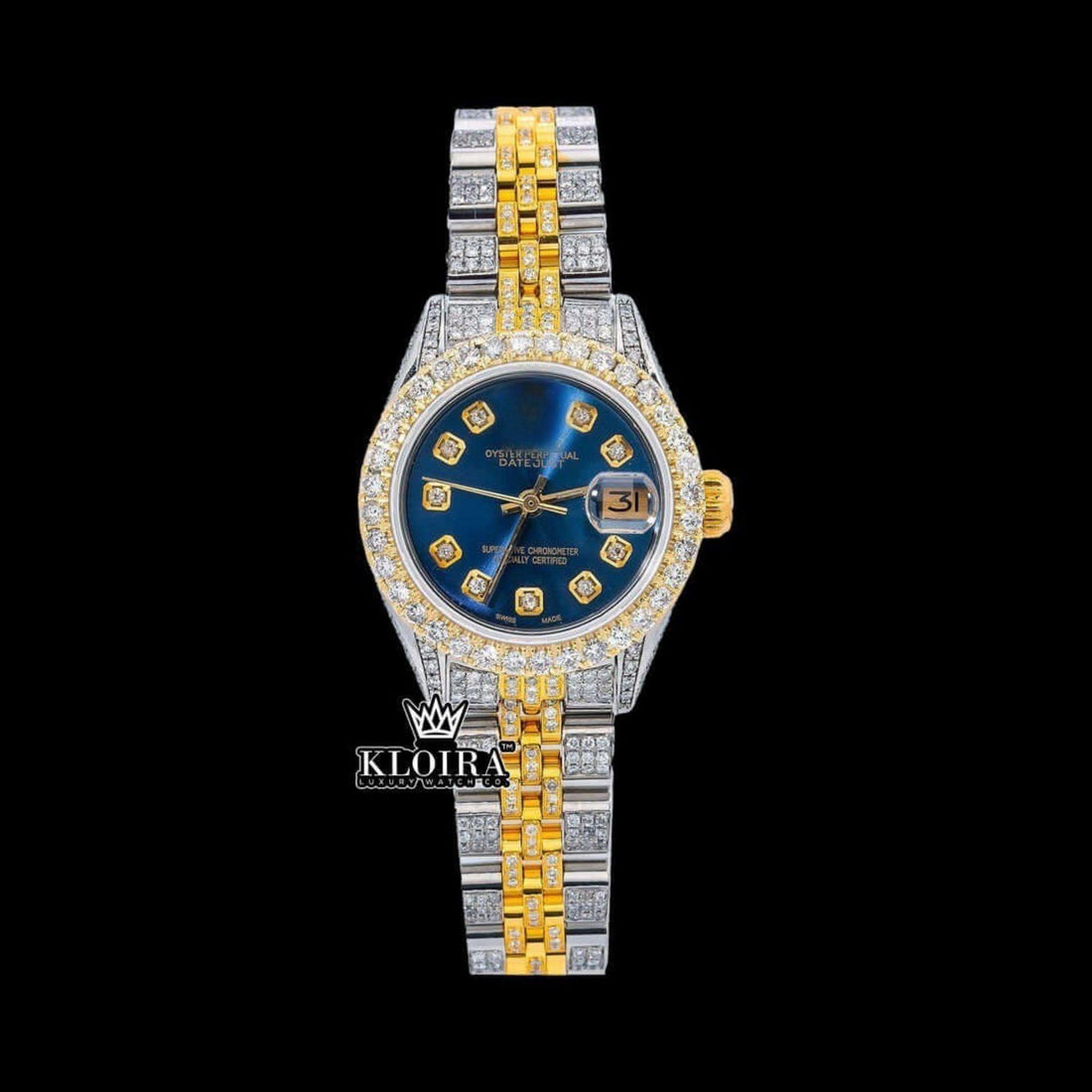 Diamond Marker Blue Dial Two Tone Iced Out Moissanite Diamond Watch Front View