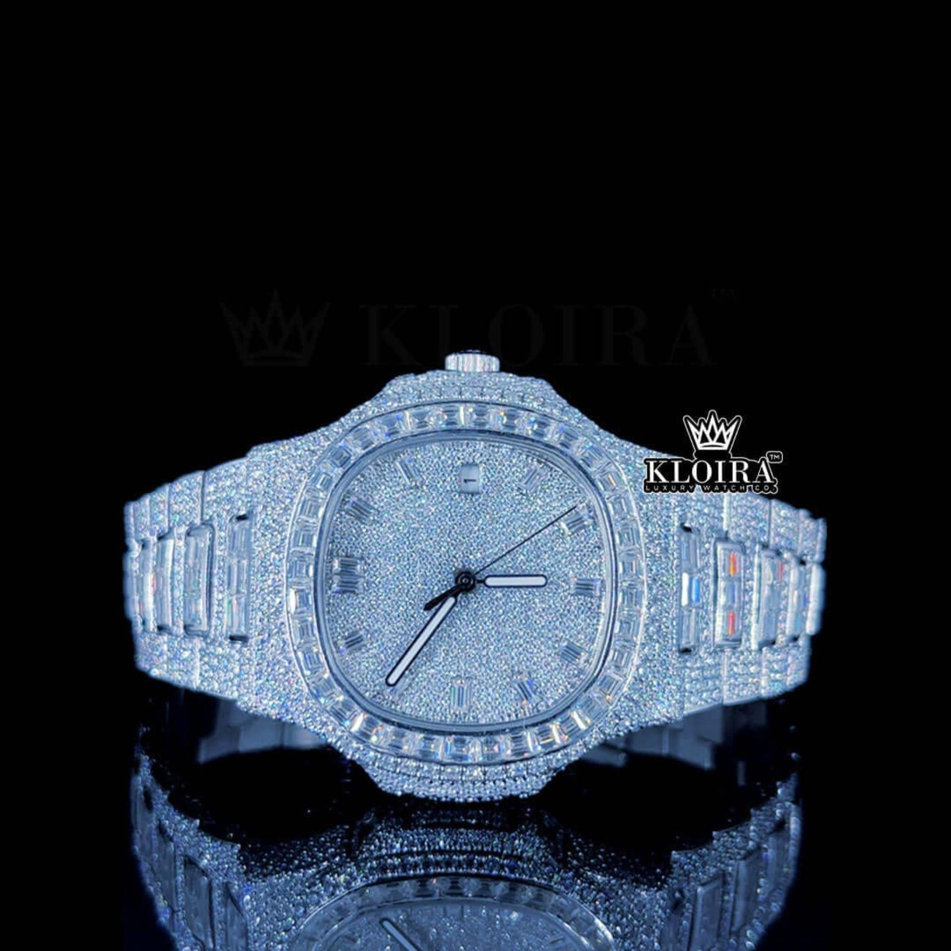 Diamond Markers Baguette Bezel Fully Iced Out Moissanite Watch Front View