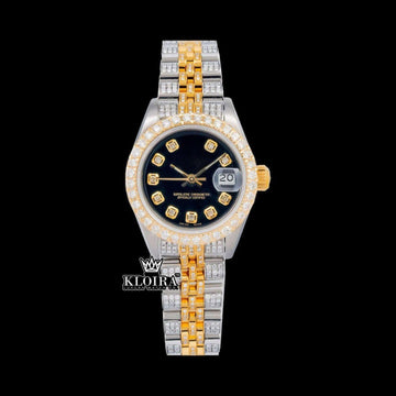 Diamond Markers Black Dial Two Tone Iced Out Moissanite Watch Front View