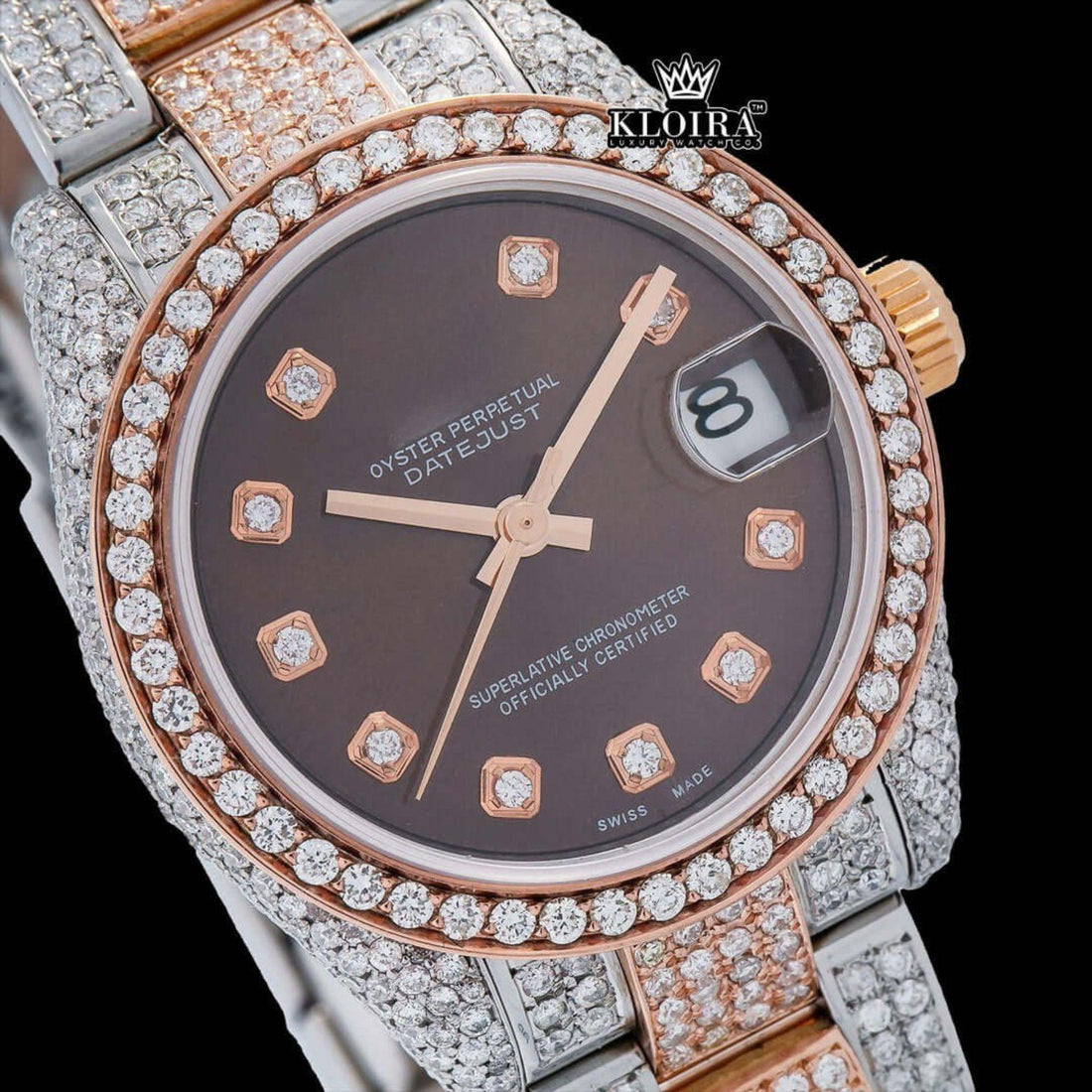 Diamond Markers Brown Dial Two Tone Iced Out Moissanite Watch Front View