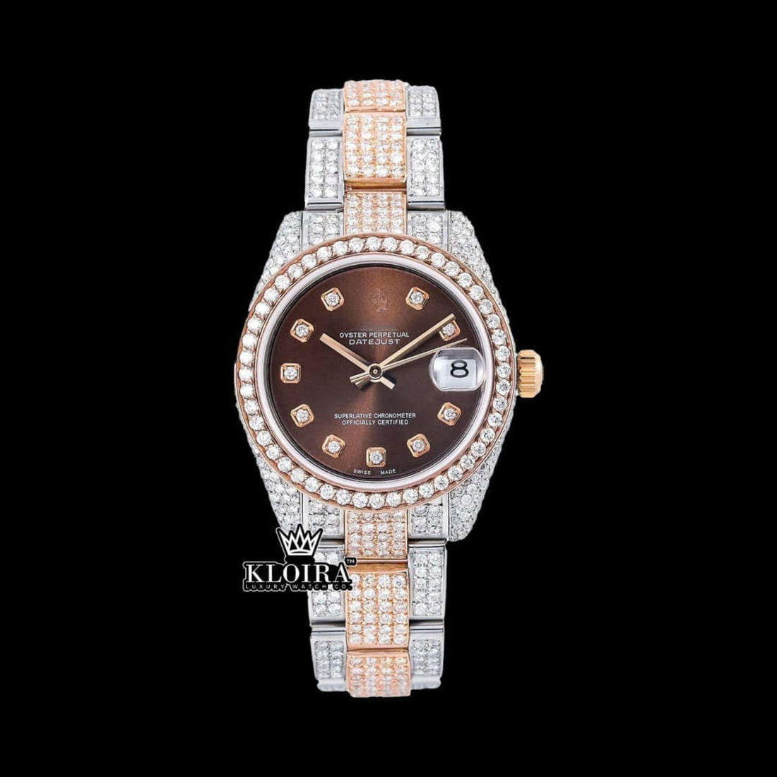 Diamond Markers Brown Dial Two Tone Iced Out Moissanite Watch Front View