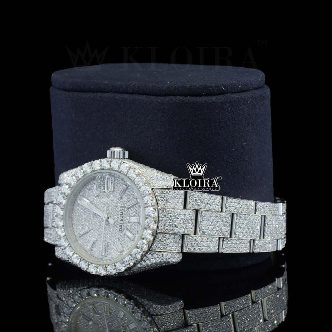 Diamond Markers Fully Bust Down White Dial Moissanite Diamond Watch Front View