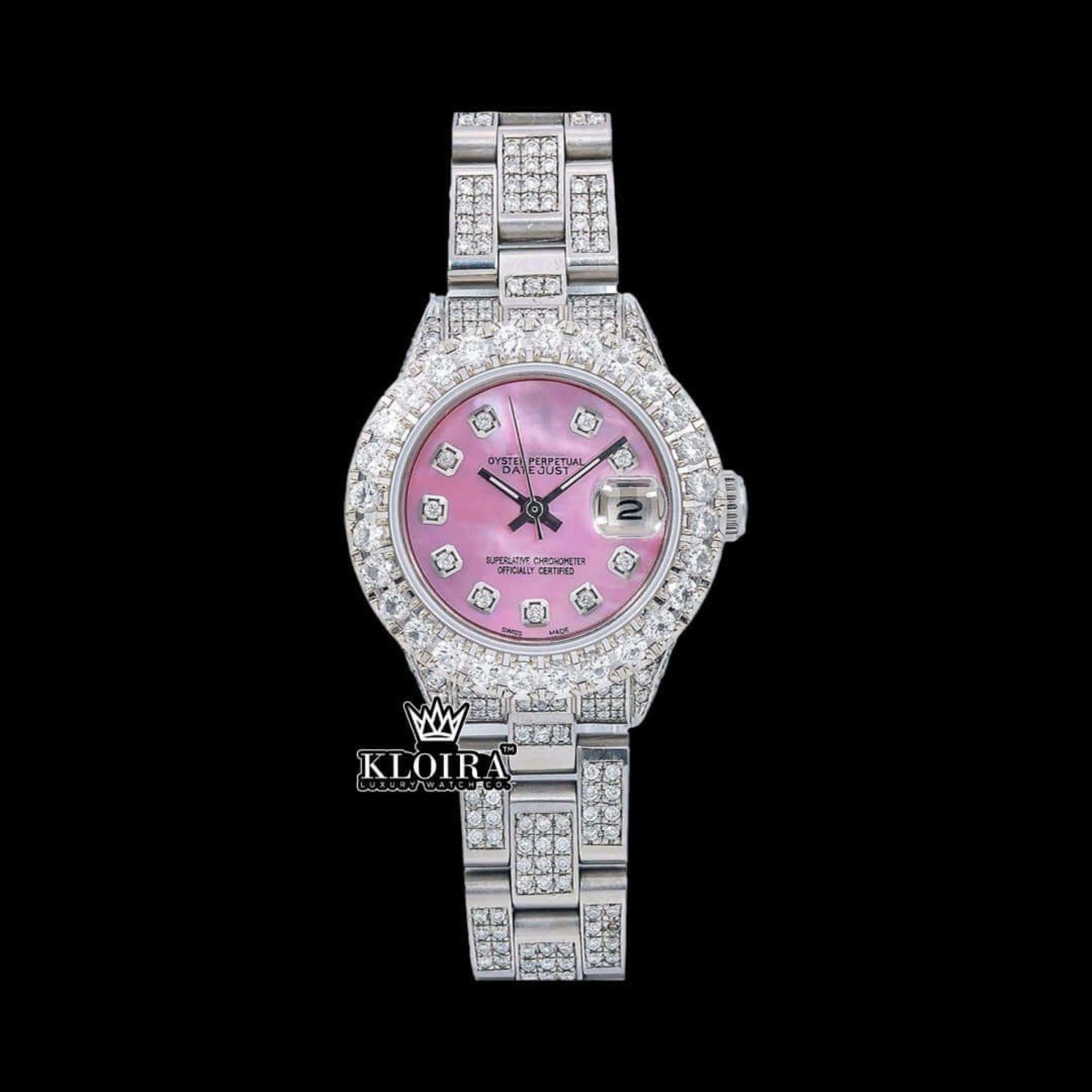 Diamond Markers Pink Dial Full Iced Out Moissanite Watch Front View