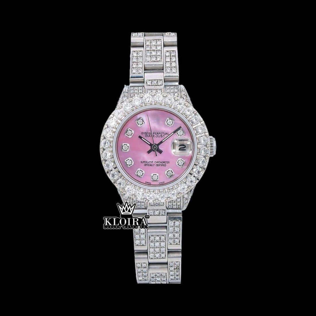 Diamond Markers Pink Dial Full Iced Out Moissanite Watch Front View