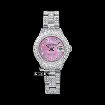 Diamond Markers Pink Dial Full Iced Out Moissanite Watch Front View
