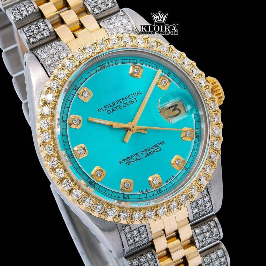 Diamond Markers Tiffany Blue Dial Two Tone Moissanite Watch Front View 