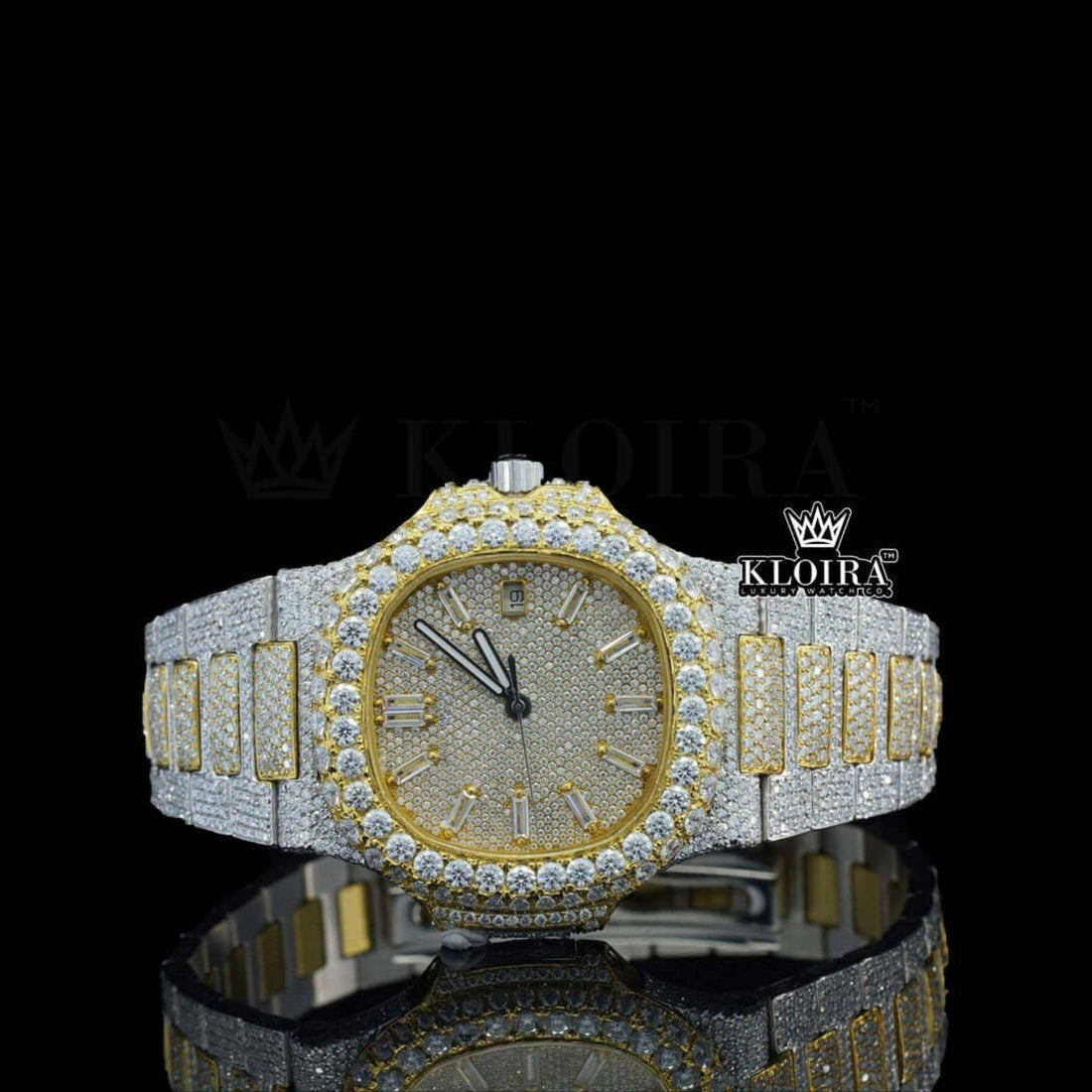 Diamond Markers Two Tone Yellow Gold Moissanite Diamond Watch Front View