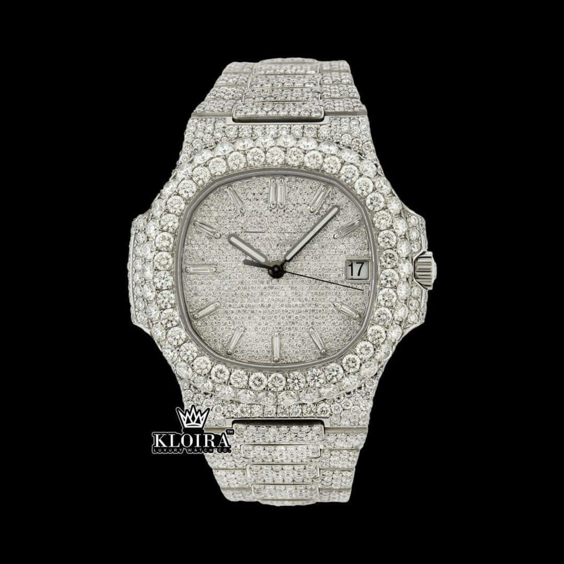 Diamond Markers White Dial Bust Down Moissanite Diamond Watch Front View