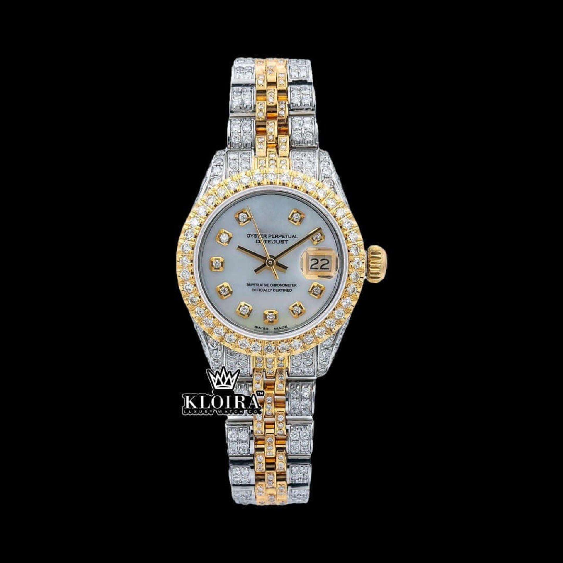 Diamond Markers White Dial Date Display Two Tone Moissanite Watch Front View
