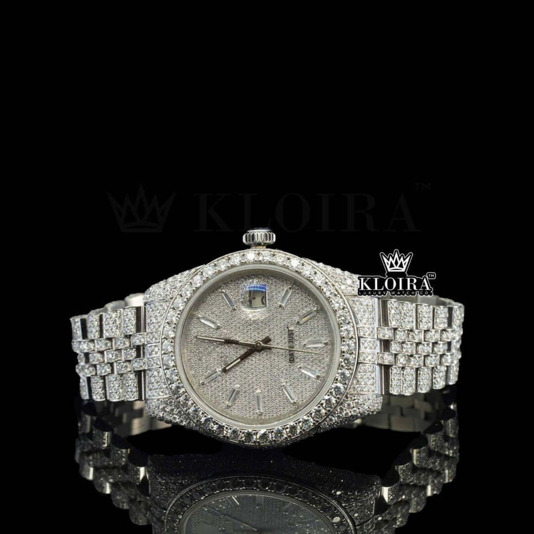 Diamond Markers White Dial Fully Iced Out Moissanite Watch Front View