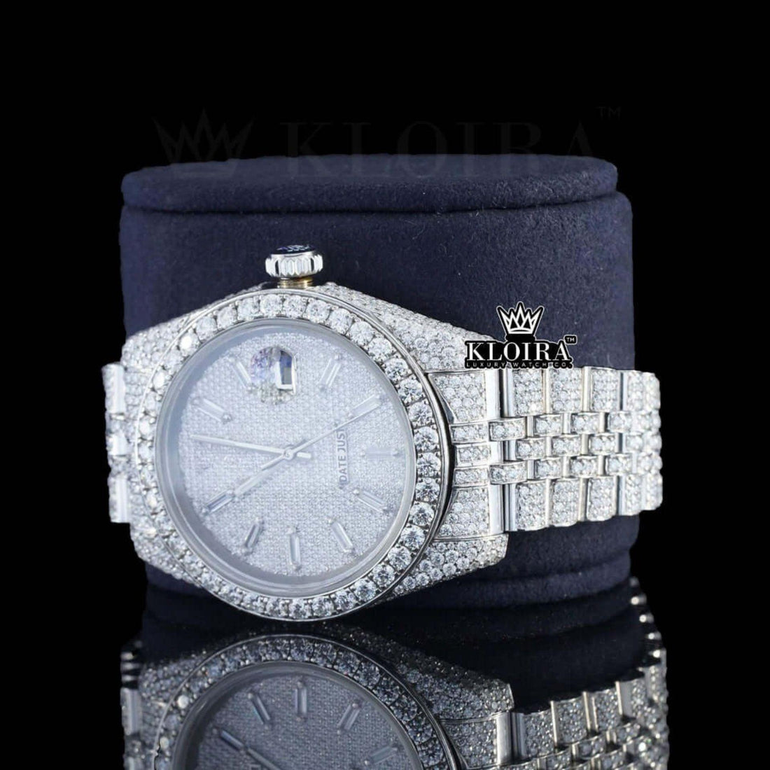 Diamond Markers White Dial Fully Iced Out Moissanite Watch Front View