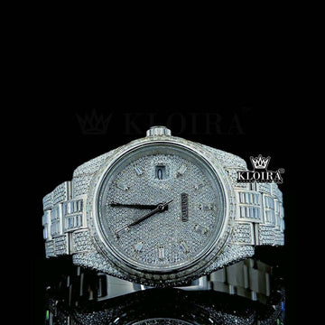 Diamond Markers White Dial Fully Iced Out White Gold Moissanite Watch Front View