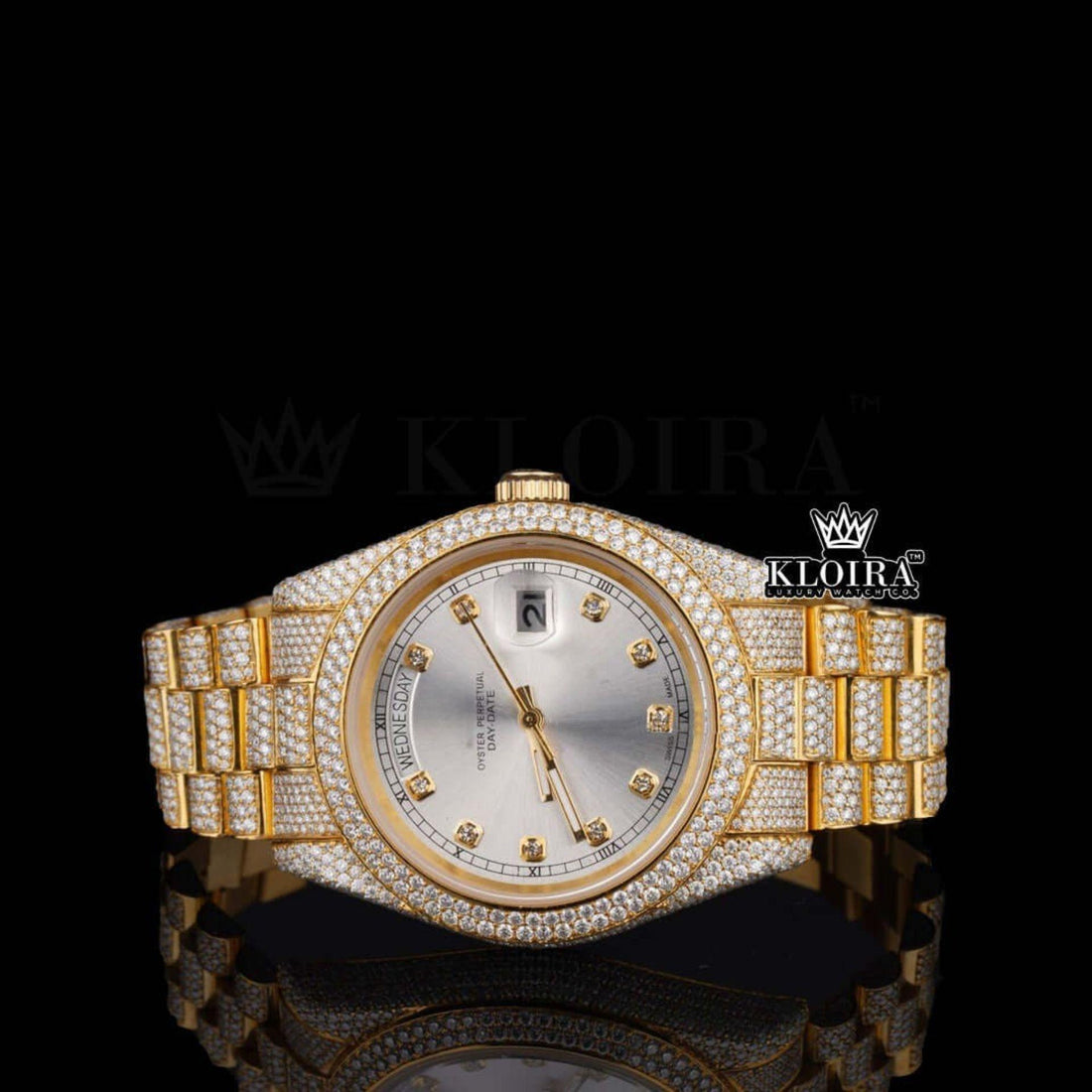 Diamond Markers White Dial Iced Out Yellow Gold Moissanite Watch Front View