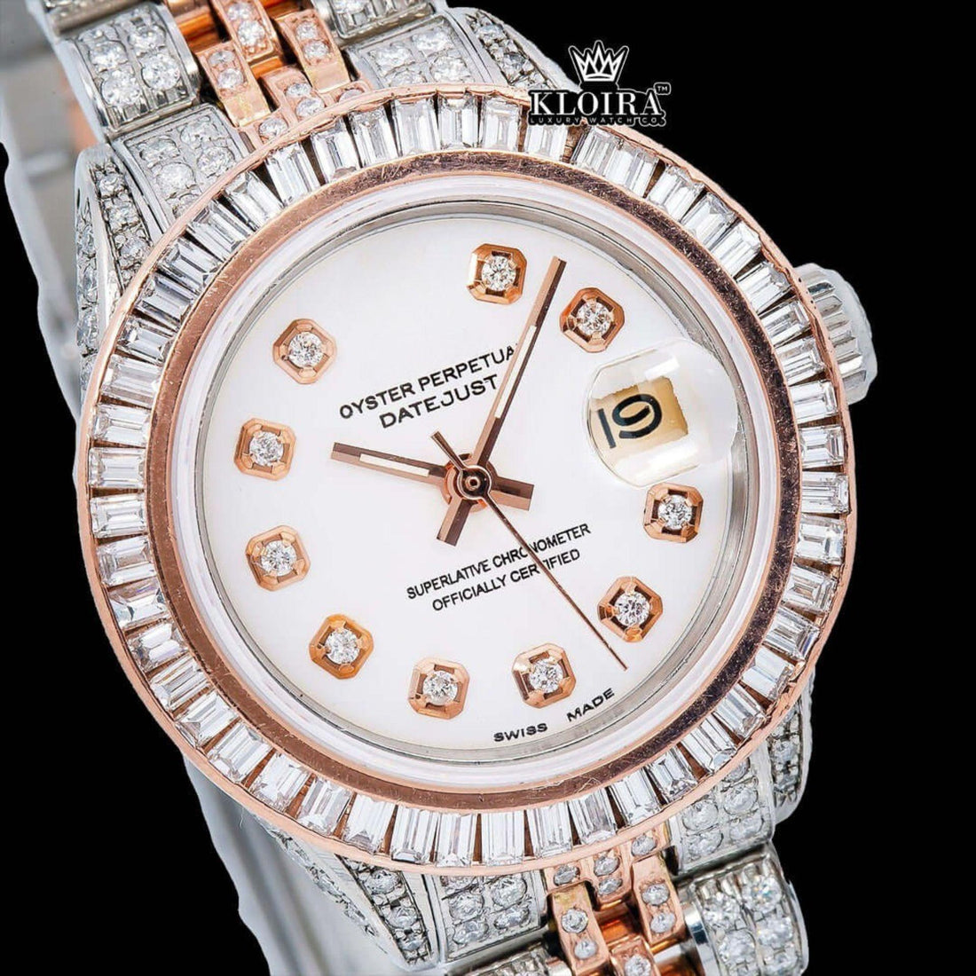 Diamond Markers White Dial Two Tone Classic Link Strap Moissanite Watch Front View