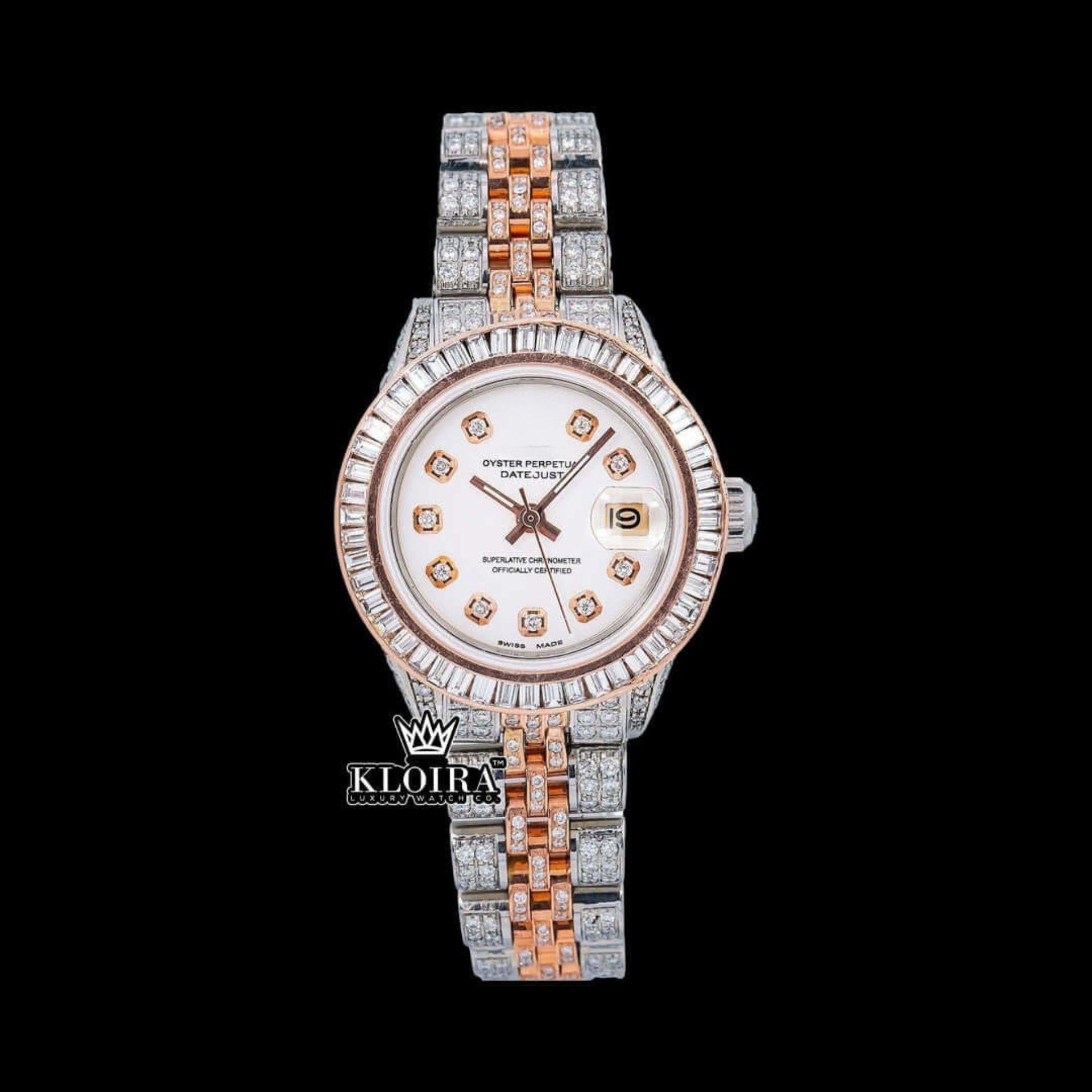 Diamond Markers White Dial Two Tone Classic Link Strap Moissanite Watch Front View