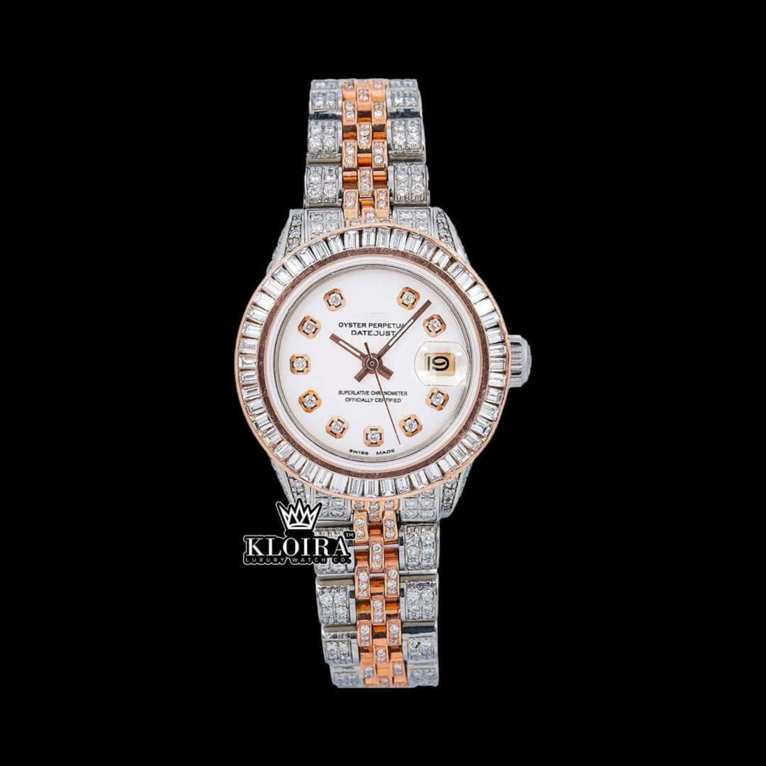 Diamond Markers White Dial Two Tone Classic Link Strap Moissanite Watch Front View