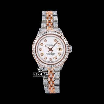 Diamond Markers White Dial Two Tone Classic Link Strap Moissanite Watch Front View