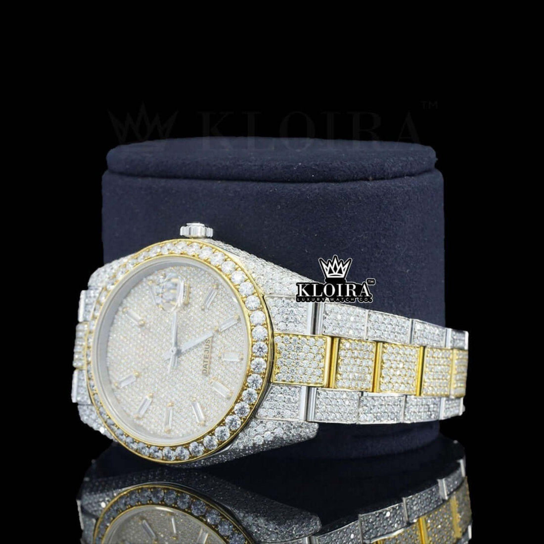 Diamond Markers Yellow Dial Two Tone Iced Out Moissanite Watch Front View