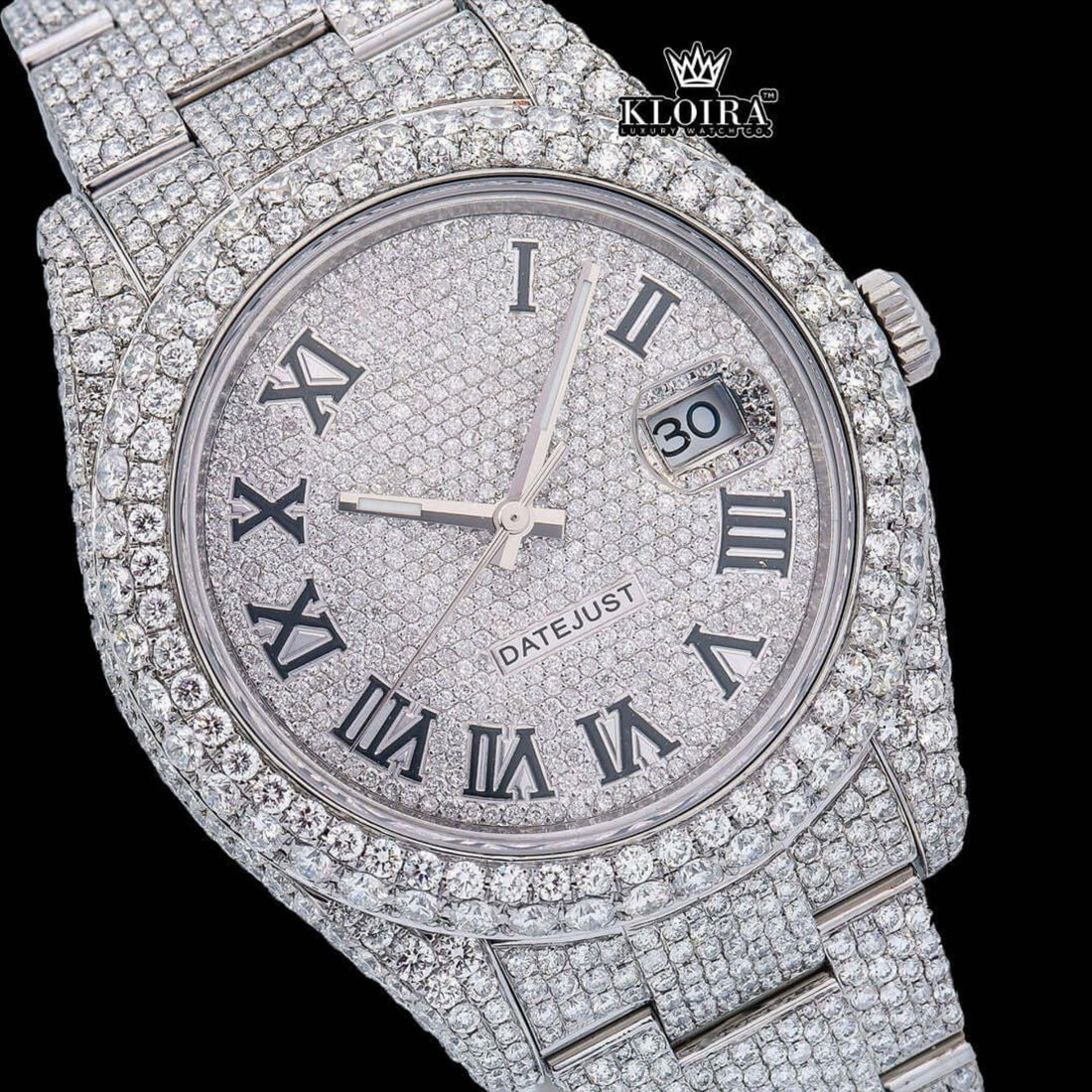Diamond Rolex Inspired Datejust Silver Black Roman Moissanite Watch 42mm Front View