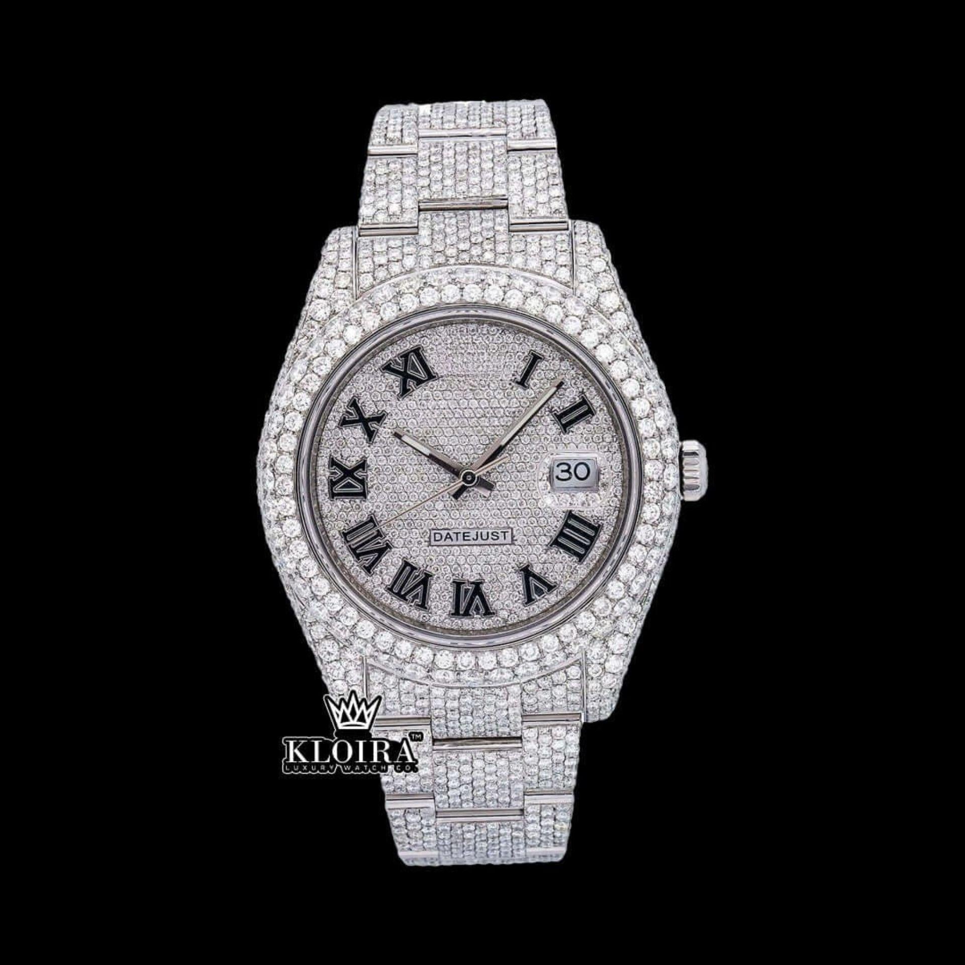 Diamond Rolex Inspired Datejust Silver Black Roman Moissanite Watch 42mm Front View