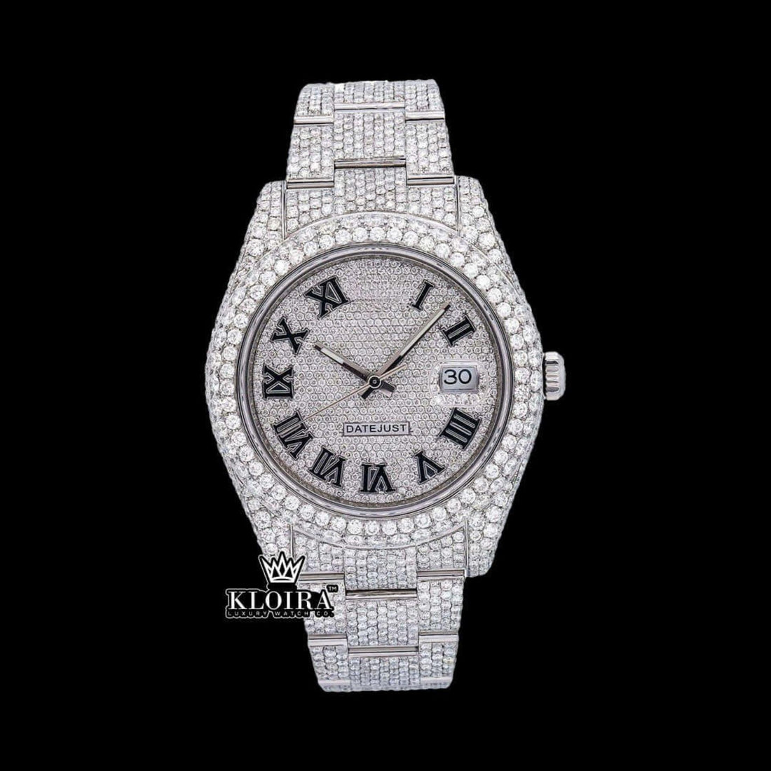 Diamond Rolex Inspired Datejust Silver Black Roman Moissanite Watch 42mm Front View