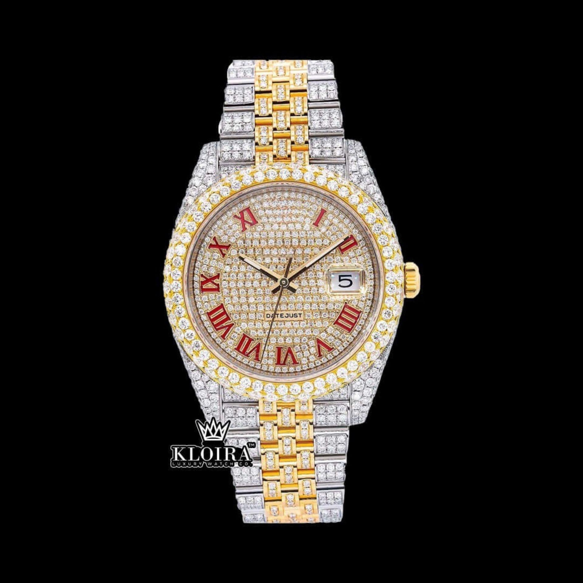 Diamond Rolex Inspired Datejust Two Tone Red Roman Moissanite Watch 42mm Front View