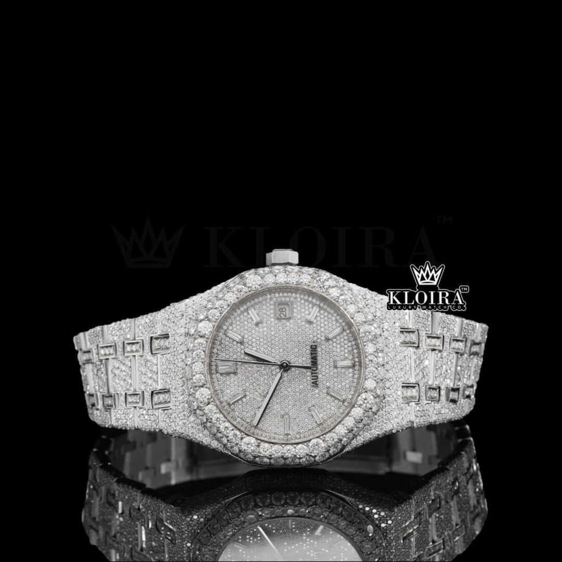 Diamond Stick Markers White Dial Fully Iced Out Moissanite Watch Front View
