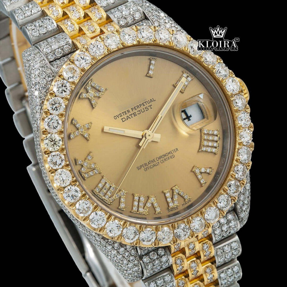 Diamond Studded Rolex Inspired Roman Numeral VVS Moissanite Watch 14K Gold 42mm Front View