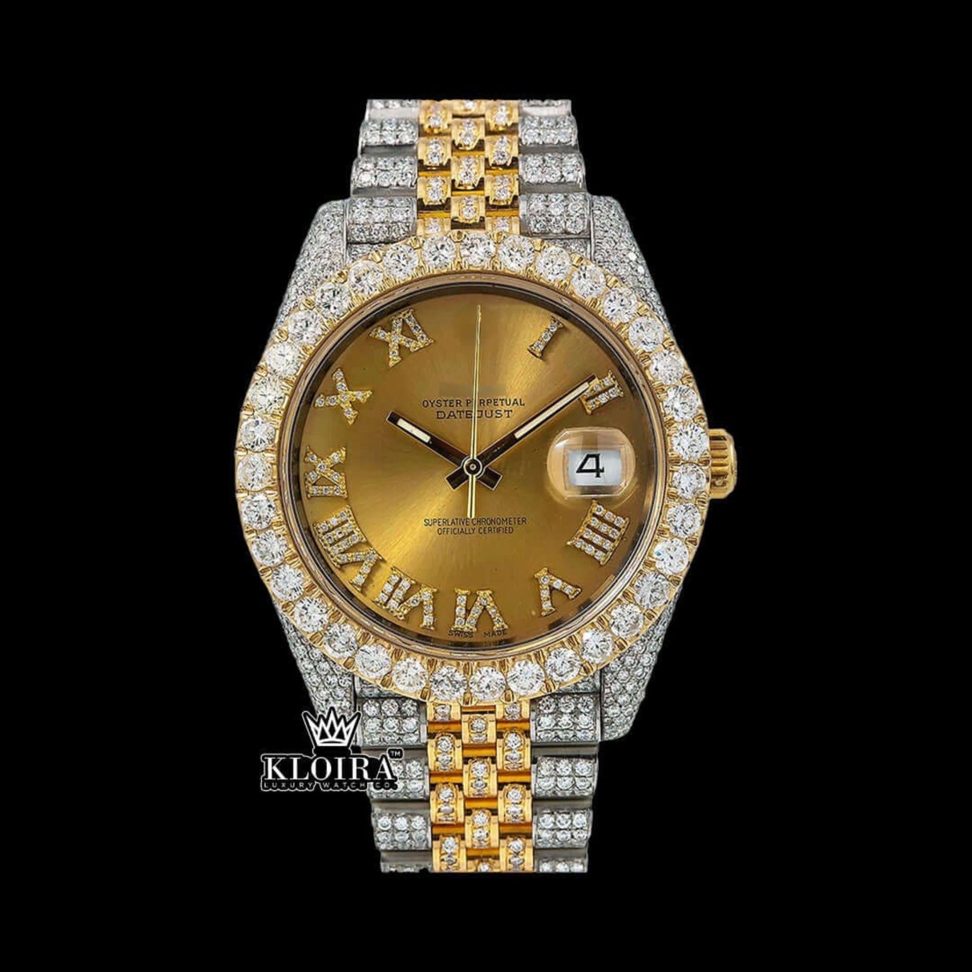 Diamond Studded Rolex Inspired Roman Numeral VVS Moissanite Watch 14K Gold 42mm Front View