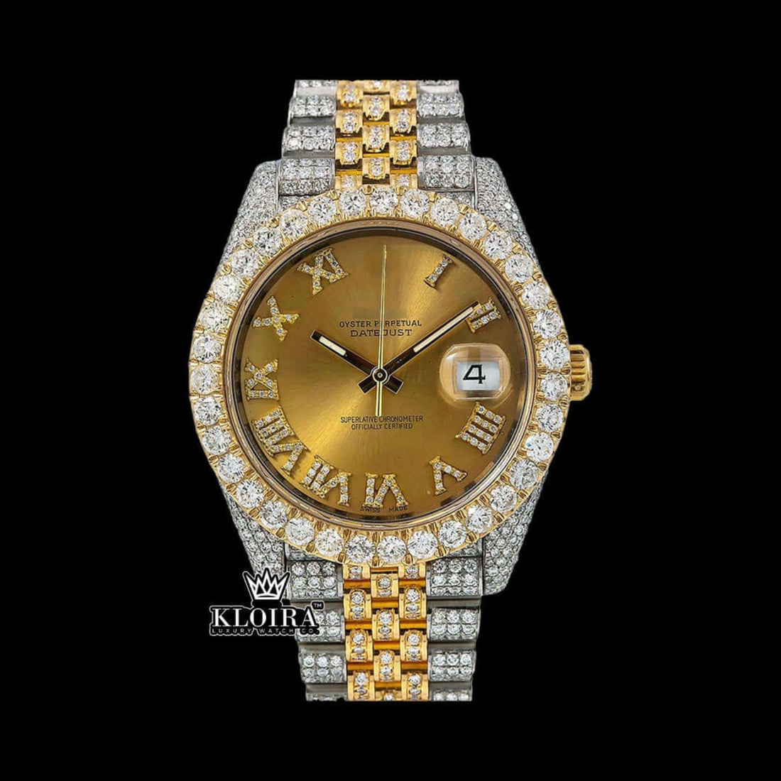 Diamond Studded Rolex Inspired Roman Numeral VVS Moissanite Watch 14K Gold 42mm Front View