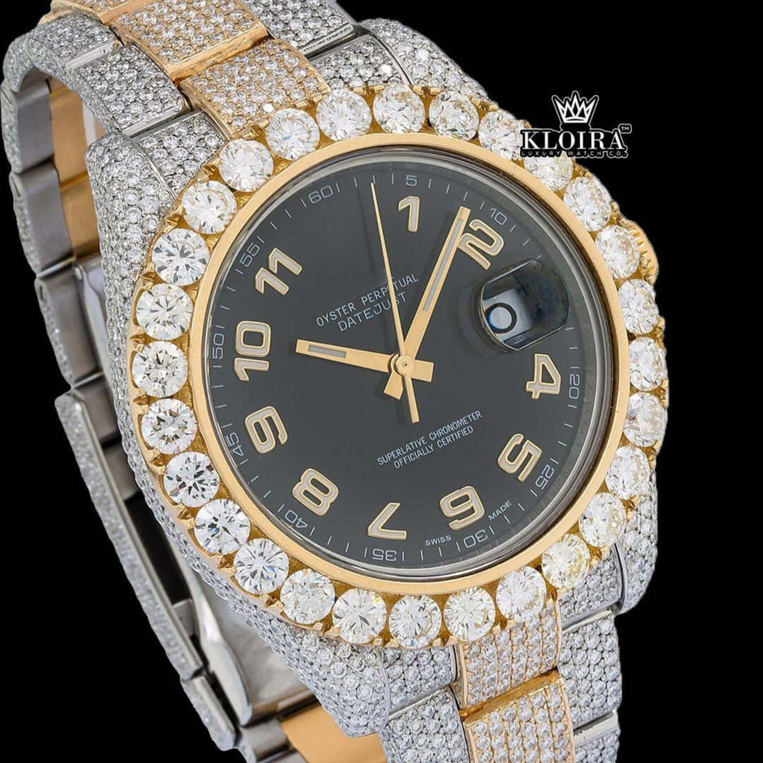 Dual-Tone Standard Numerals Black Dial Moissanite Diamond Watch Front View