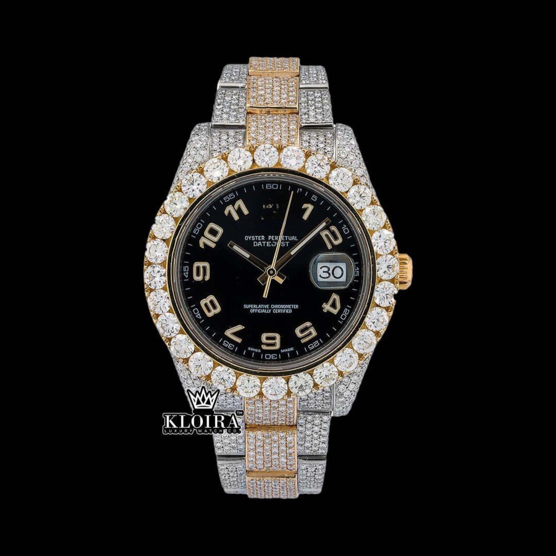 Dual-Tone Standard Numerals Black Dial Moissanite Diamond Watch Front View