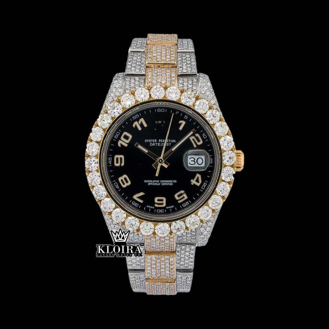 Dual-Tone Standard Numerals Black Dial Moissanite Diamond Watch Front View