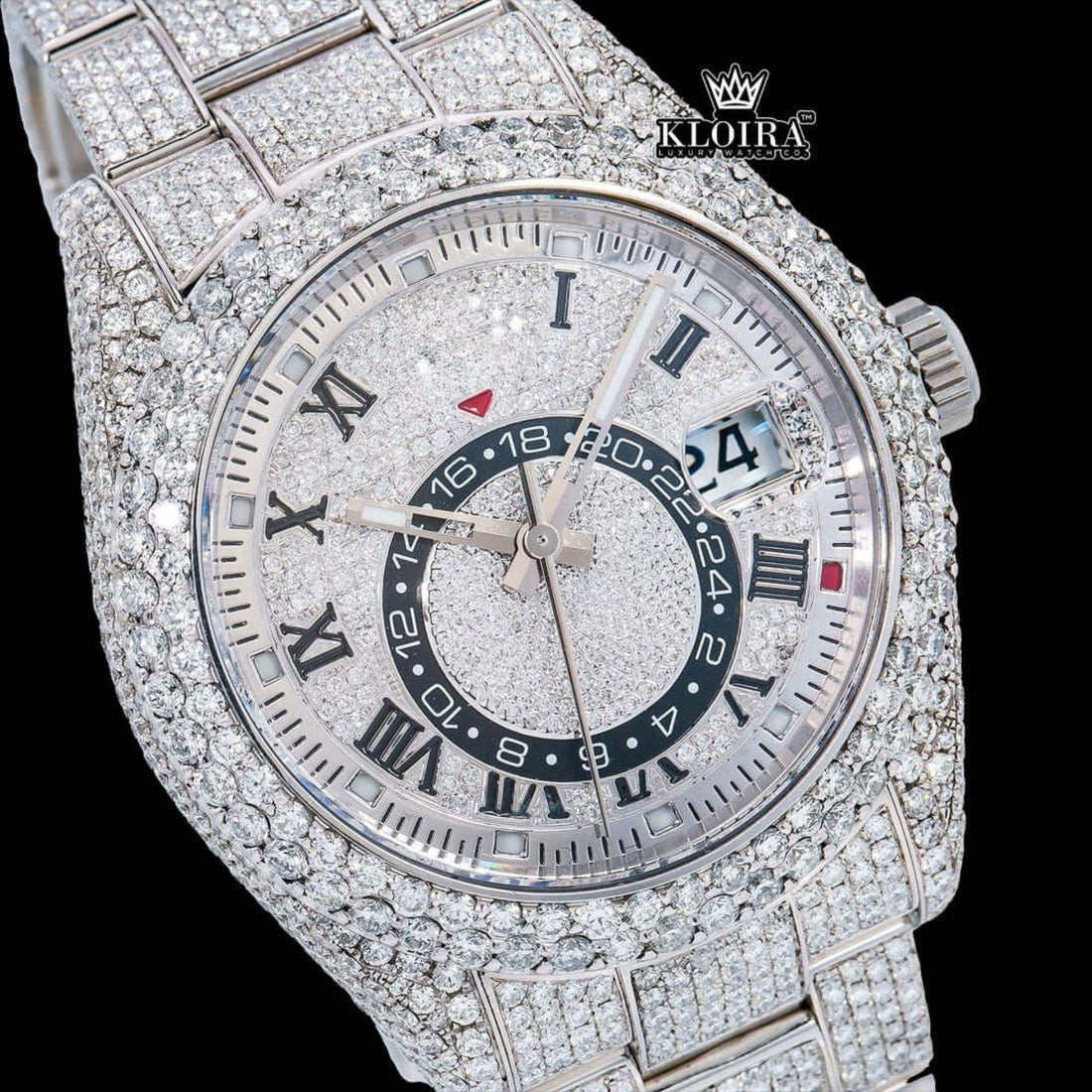 Dual Time Black Roman Numerals Fully Iced Moissanite Diamond Watch Front View