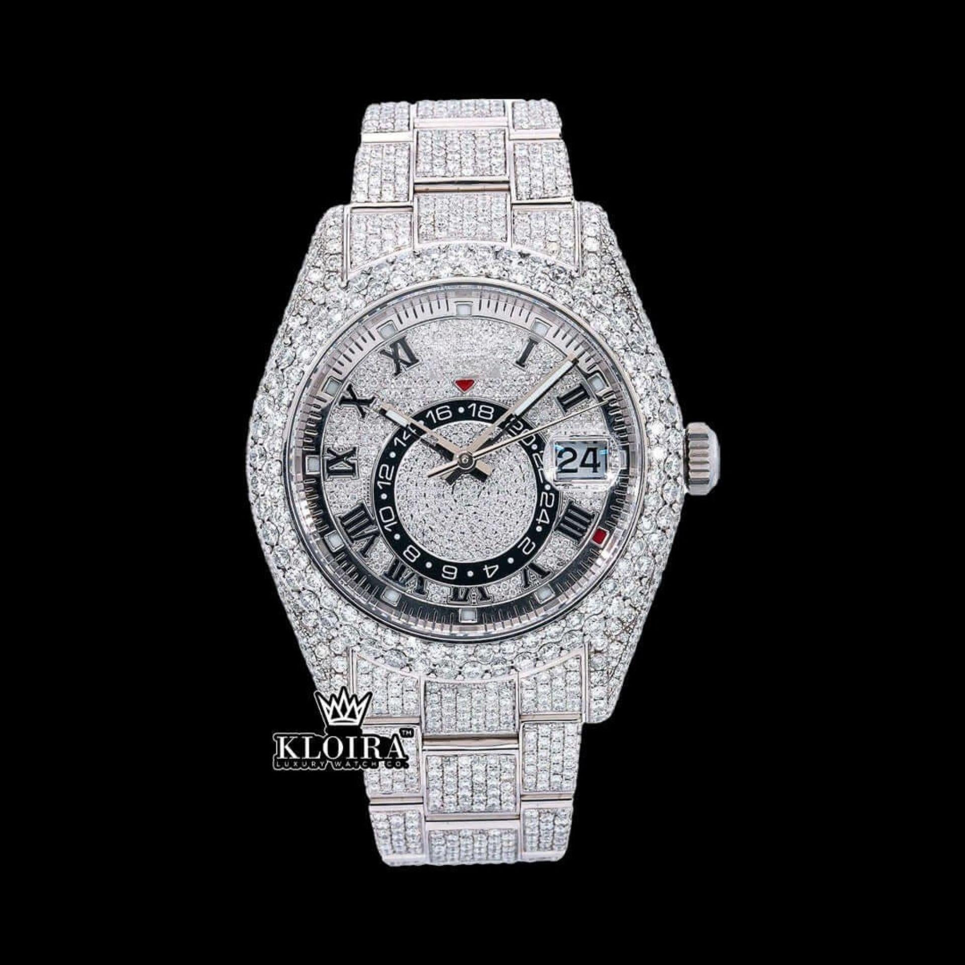Dual Time Black Roman Numerals Fully Iced Moissanite Diamond Watch Front View