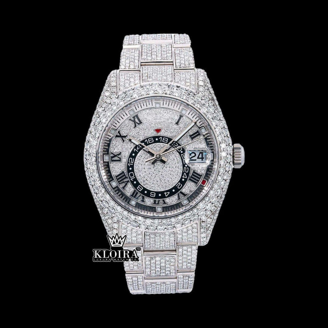 Dual Time Black Roman Numerals Fully Iced Moissanite Diamond Watch Front View