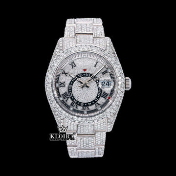 Dual Time Black Roman Numerals Fully Iced Moissanite Diamond Watch Front View
