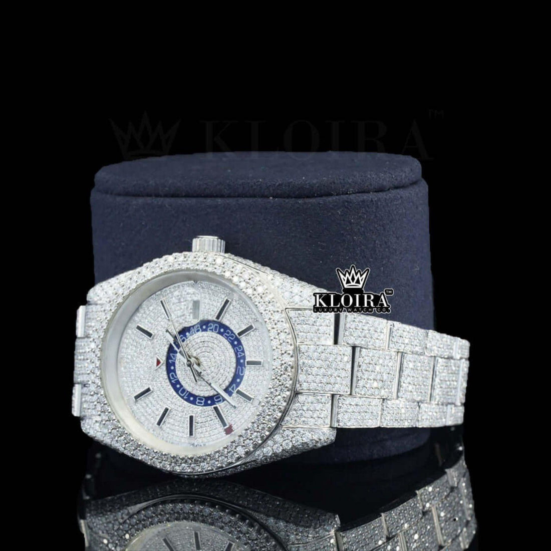 Dual Time Chronograph Dial Stick Markers Fully Iced Out Moissanite Watch Front View